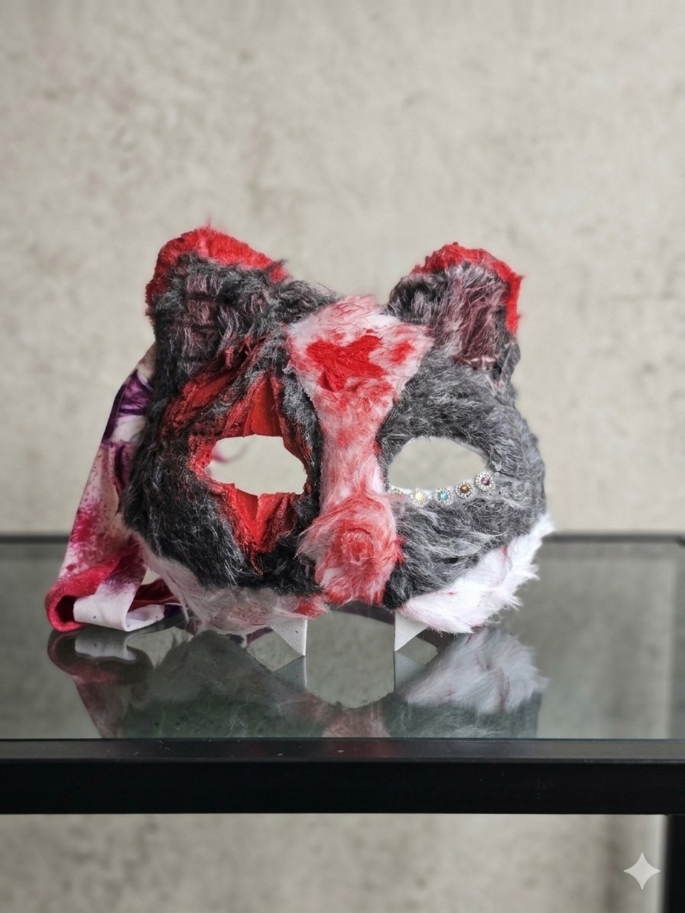 Handmade Faux Fur Wolf Mask in Gray & Red with Rhinestone Detail